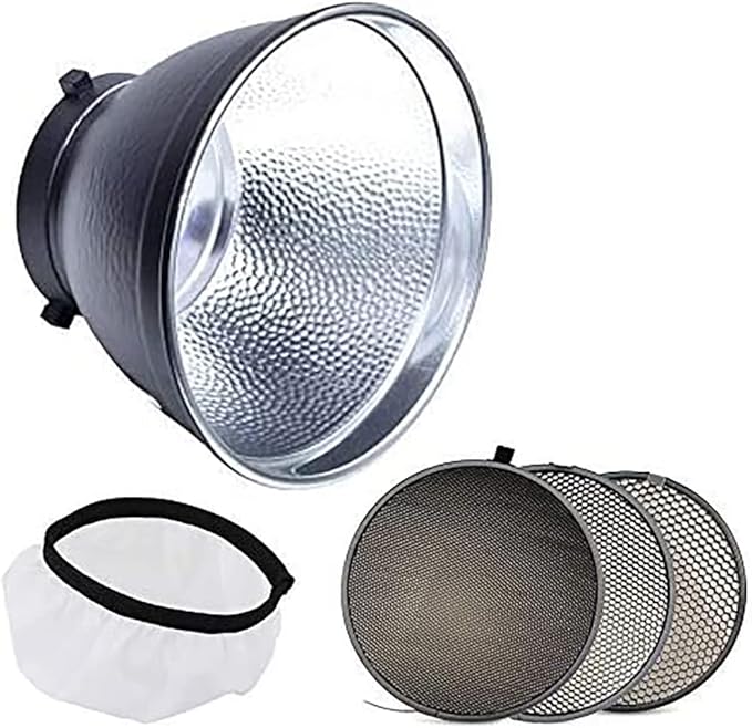 Fotoconic 7" Standard Reflector with 20, 40, 60 Degree Honeycomb Grid & Diffuser Sock for Bowens Mount Studio Strobe Flash Light