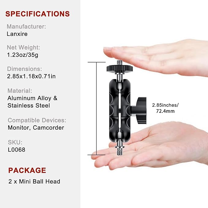 Magic Arm with Dual Ball Head and 1/4" Screw, Compatible with Super Clamp, Camera Cage, Monitor and Microphone, Max Load up to 2kg / 4.4lb - 2 Pieces