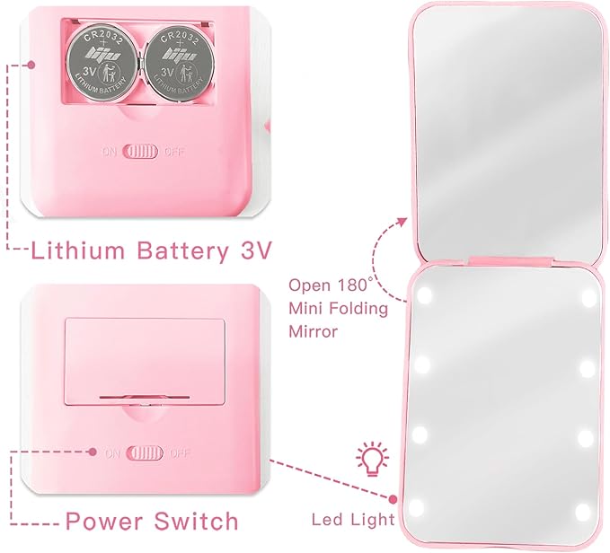 Preppy Cute Bow Travel Compact Mirror with Light for Purses 1X/2X Magnification Small Led Portable Pocket Makeup Mirror, Trendy Christmas Birthday Gift Stocking Stuffers for Teen Girls Women