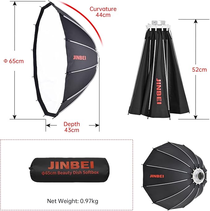 JINBEI 25.6"/65cm Deep Beauty Dish Softbox Quick Release Softbox with Diffusers/Honeycomb Grid/Bag Compatible with JINBEI EF80/EF80Bi and Other Bowens Mount Lights for Photography, Live Streaming