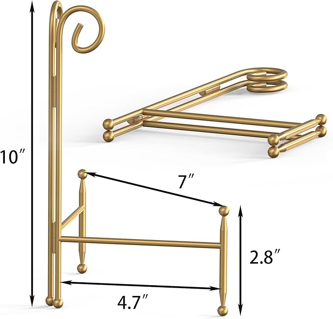 HEMYLU Display Stand for Plate, Foldable Metal Plate Stand for Table, Decorative Easel Holder for Picture Frames, Photos, Wedding Cards, Sign Posters, Cavas, 10-inch Gold