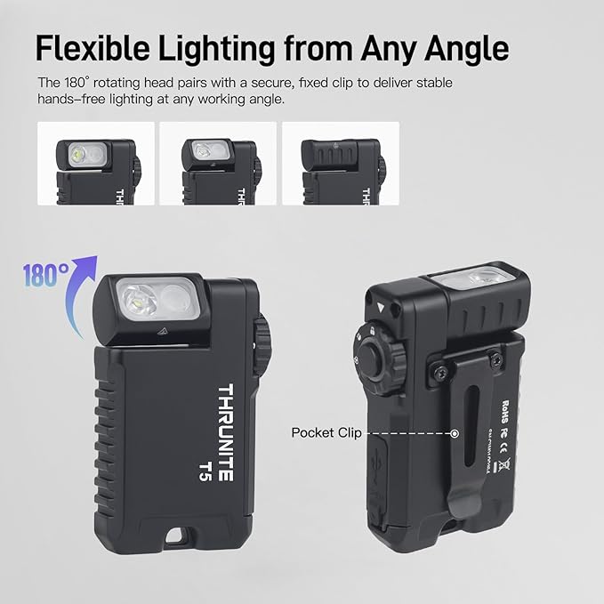 ThruNite T5 Rechargeable EDC Flashlight, RGB & 523 Lumens Cold White LED Flat Mini Flashlight, Waterproof Magnetic Portable Pocket Flashlight, Multi-Mode Keychain Flashlight for Camping, Emergency