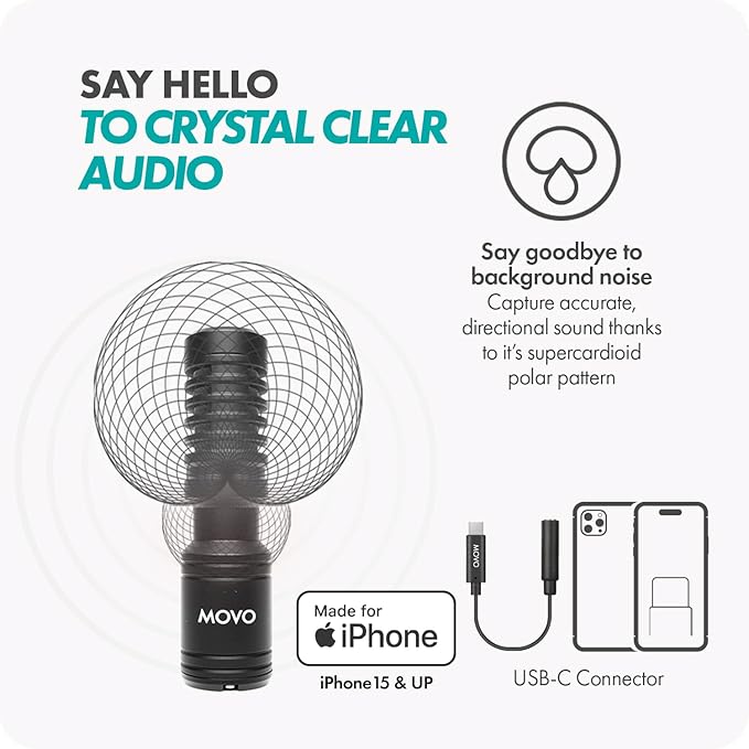 Movo iVlog1-IP Vlogging Kit for iPhone 15/16/17 and up - USB-C Compatible YouTube Starter Kit - with Shotgun Microphone, Mini Tripod, LED Light, Wide-Angle Lens, USB C Adapter, VXR10-PRO