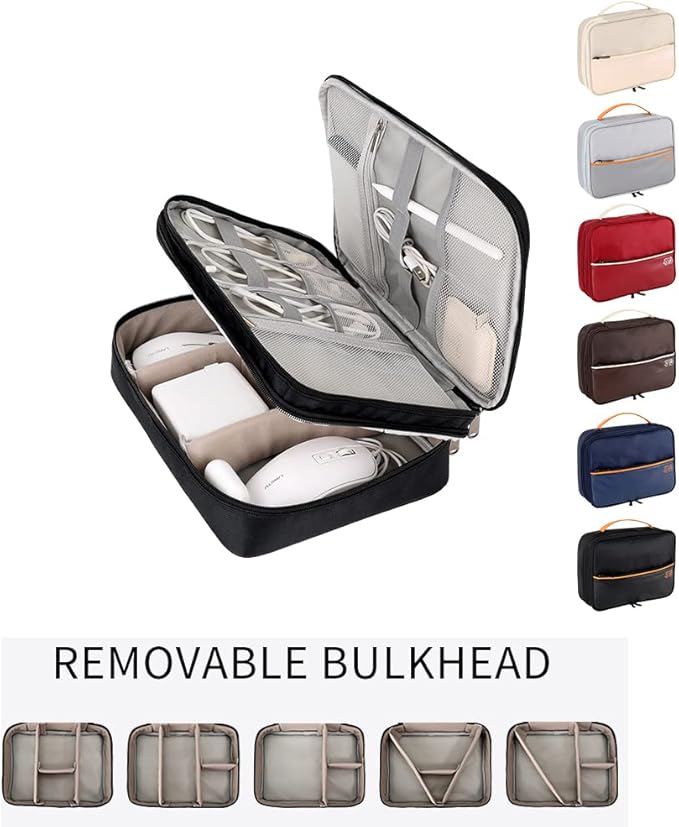 Cable Organizer Bag, Double Layer Multipurpose Electronic Organizer Waterproof Electronic Accessories Storage Case Removable Bulkhead Easy Carry Fit for Cable,Charger,USB,Power Bank (Red)