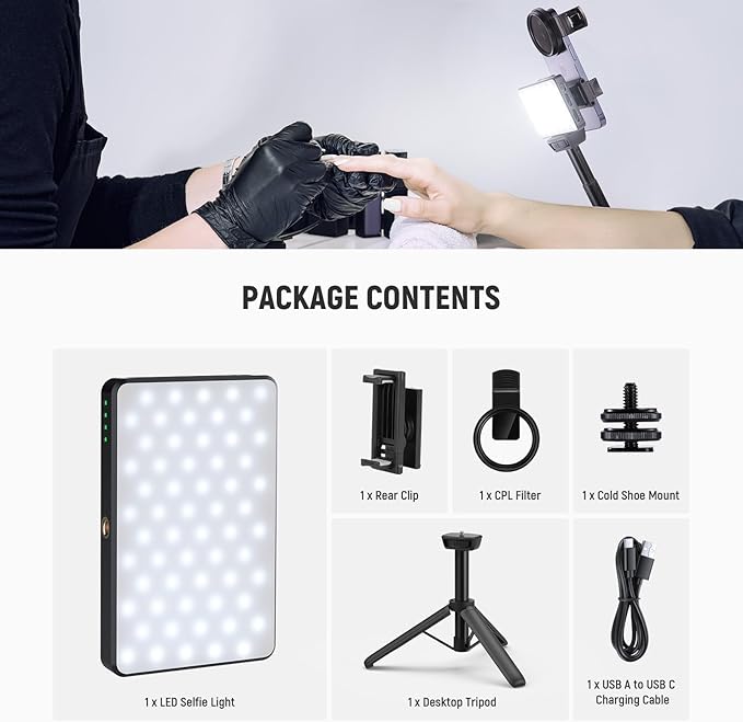 NEEWRE Basics LED Selfie & Tattoo Light Compatible with iPhone, Clip on CPL Filter/Tripod Stand/Phone Holder, Fill Lighting Remove Reflection for Art Food Jewelry Photography Video Recording, BL120B