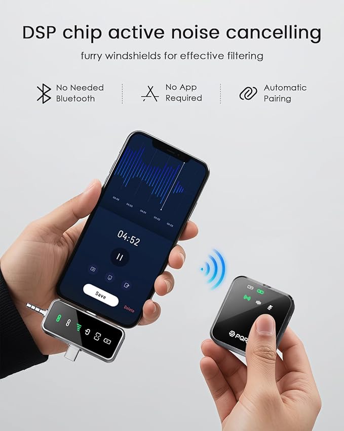 PQRQP 3-in-1 Mini Microphone for iPhone/Android/Camera, Hi-Fi Audio, Wireless Microphones, 328ft Range, 20H Battery, Lapel Mic with Noise Reduction for Live Streaming, TikTok, YouTube (Graphite Gray)