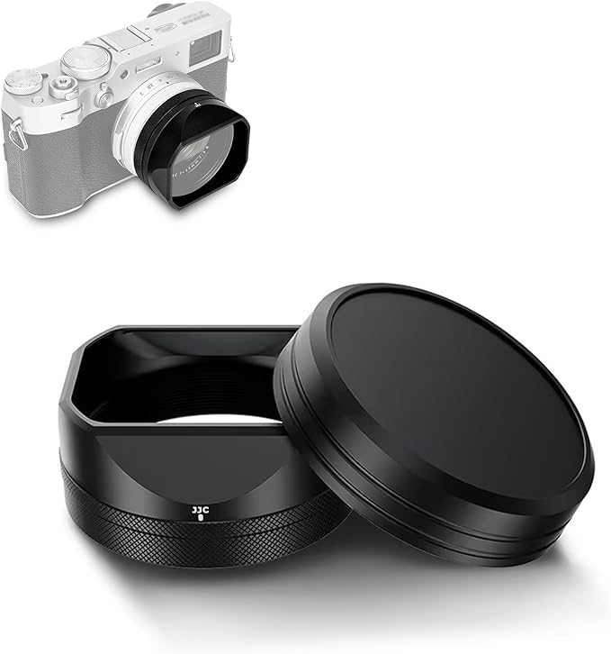 JJC Lens Hood for Fujifilm X100VI X100V Camera Accessories, Square Metal Lens Hood with 49mm Filter Adapter Ring and Cap Replaces Fuji LH-X100, Prevents Glare and Eliminates Vignetting (Black)