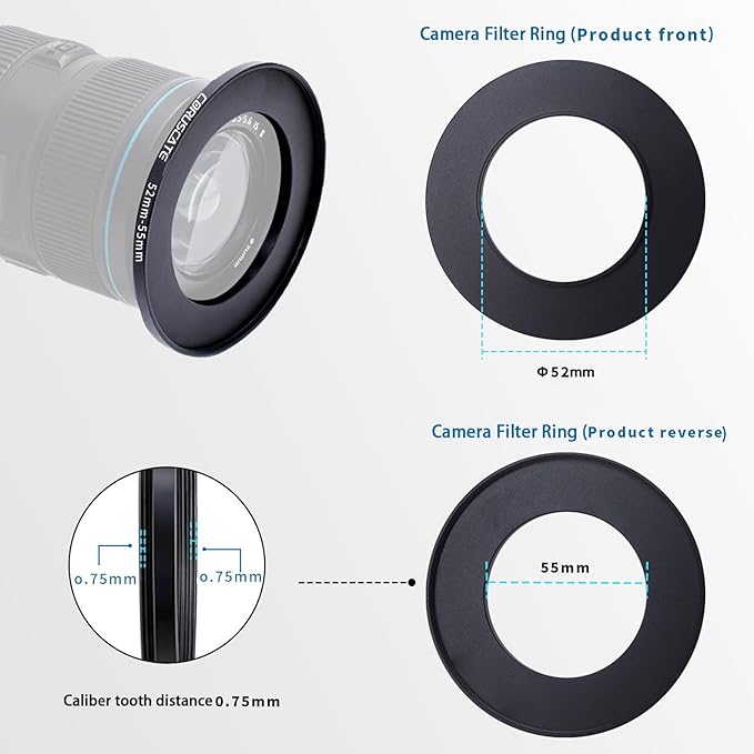 52mm to 55mm Camera Lens Adapter,Change The Filter or Lens Size from 52mm to 55mm.Compatible All 55mm Thread Filter Accessory+1pcs Lens Cleaning Cloth.