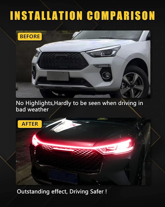 YM E-Bright Led Hood Light Strip Exterior Car Led Strip Light Waterproof Flexible DRL Dynamic Scan Start Up Hoodbeam Kit Daytime Running Lights for Car,Truck,SUV,12V 59inch,Red,1 Set