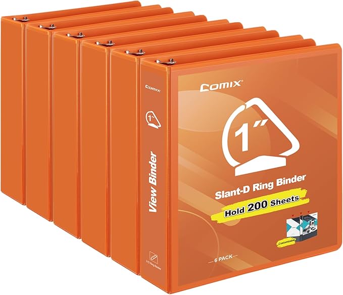 COMIX Sturdy 1 Inch Binders 3 Ring with Clear View Cover, 1" Slant-D Ring View Binder Holds 225 Sheets of US Letter Size Paper, 6 Pack (Orange)