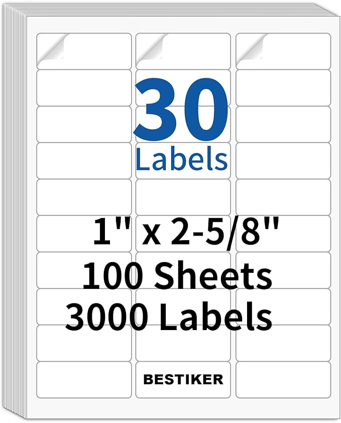 3000 Address Labels, BESTIKER 1” x 2-5/8” Printable Mailing Label for Envelopes, 30up Labels White Stickers for Laser Inkjet Printers, FBA Barcode Label 100 Sheets