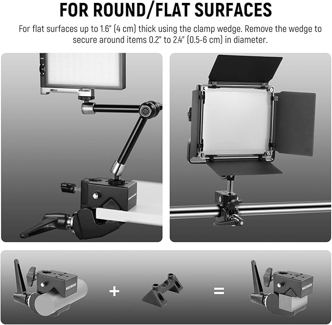 NEEWER Heavy Duty Super Clamp Max Load 33lb/15kg, 2.4" Jaw Grip Crab Clamp Mount for Round Pole Flat Surface with 5/8" Stud/Spring Lock/Cleaning Cloth for Photography Studio Camera Lighting, UA017