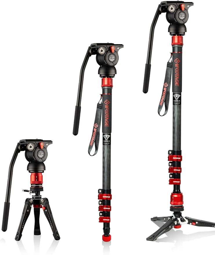 IFOOTAGE Monopod with Fluid Head Cobra 3 C180F-P + K5S, Carbon Fiber Monopod with Feet for DSLR Cameras - Canon, Nikon, Sony, Olympus, Panasonic, Payload 17.64Lbs/8KG