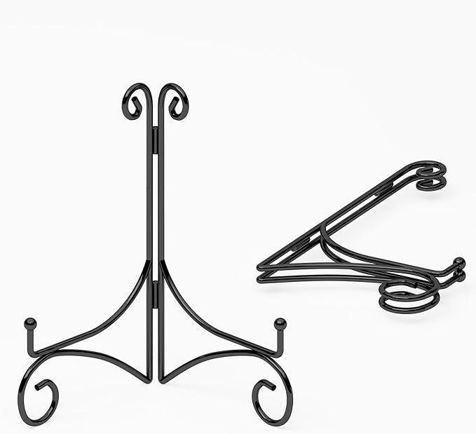 HEMYLU 10 Inch Display Plate Holder with Folding Design, Metal Table Stand for Home Decoration, Picture Easel, Photo Frame Stand - Black