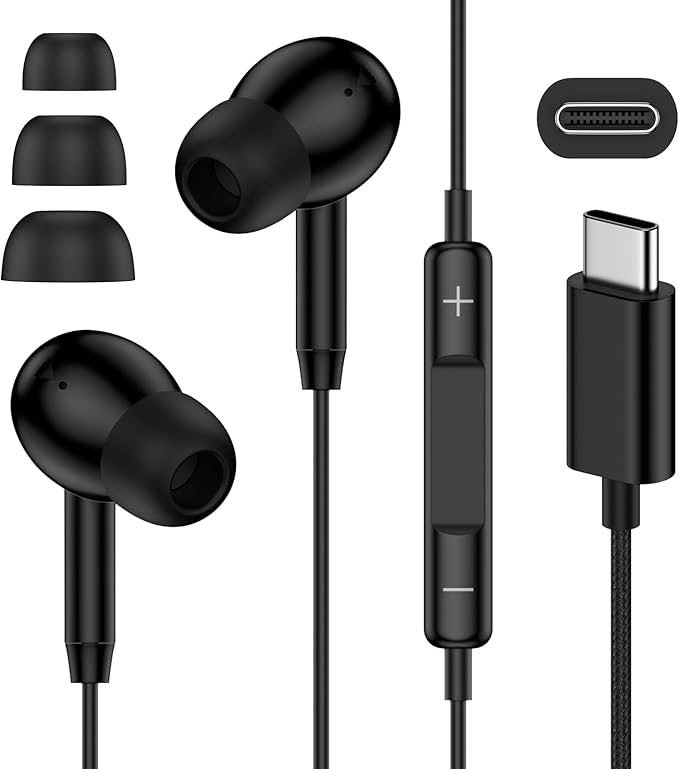 USB C Headphones for iPhone 17 Wired Ear Buds, iPhone 17 Wired Headphones usbc Wired Earbuds for Samsung Galaxy A16 A17 S25 with Microphone Noise Cancelling Braided Cord Wired Earphone, Black