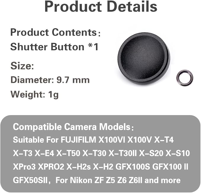 Camera Metal Shutter Release Button for Fujiflm X100VI,X100V,X-T3,X-T2,X-T30,X-PRO1,X-PRO2,X-PRO3,X-M5 X-E5 X-Half,for LeicaM10,M9,for Nikon Df DSLR/SLR (Black)