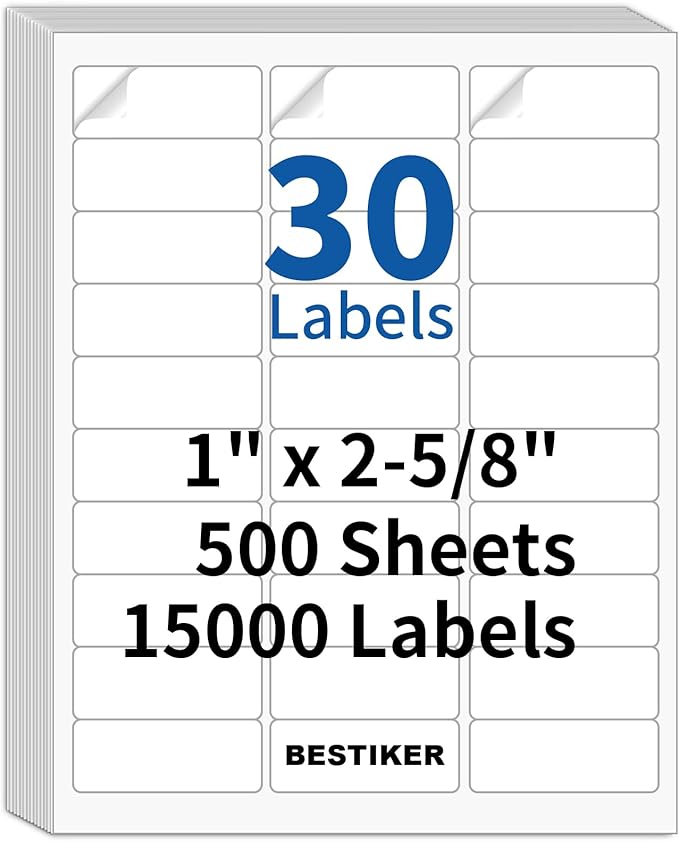 [500 Sheets 15000 Labels] BESTIKER Address Labels 1” x 2-5/8” Shipping Mailing Labels 30 per Page Printable FBA Barcode Label, Laser & Inkjet Printer Labels 30up White