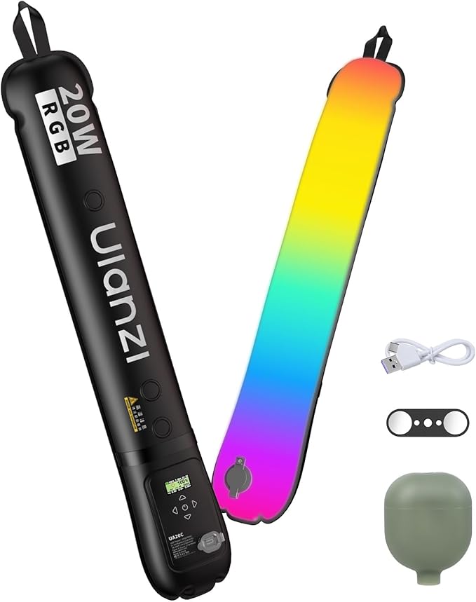 Ulanzi UA20C RGB Tube Light, 20W Inflatable LED Fill Light for Video Recording & Photo Photography, 1800K–10000K CRI95 2500mAh Cordless Magnetic Portable Handheld TPU Video Lighting Wand w 1/4 Mount