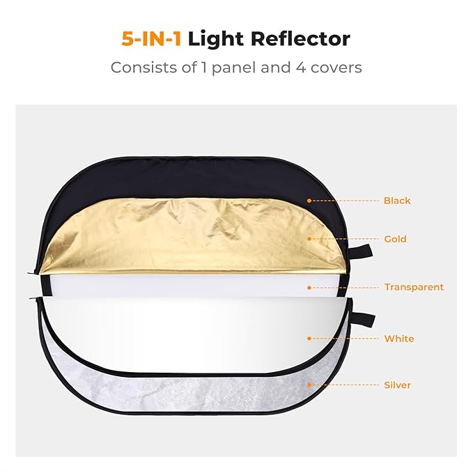 K&F CONCEPT 40" x60”(100x150cm) 5-in-1 Oval Foldable Reflector with Carrying Bag, Gold, Silver, Black, White Reflective Fabric and Translucent Soft Fabric for Studio Lighting