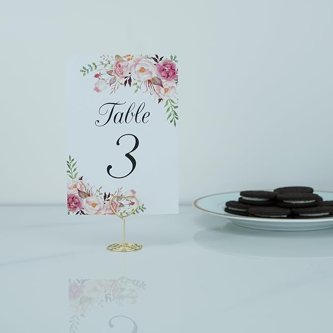 20PCS Mini Table Number Holders, Heart Shaped Place Card Holder, Premium Photo Holders for Tables, Table Sign Holders Card Stands Menu Clips for Wedding Valentine's Day Table Decor, Gold