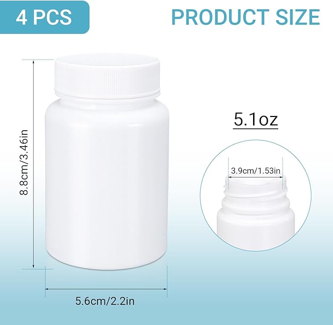 UMETASS White Pill Bottle, Empty Medicine Bottles with Screw Caps for Pills Capsules Vitamins, Food Grade Plastic Medicine Containers with Labels for Travel (5oz/150ml, 4 Pcs)