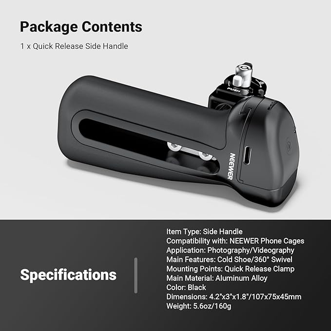 NEEWER Quick Release Side Handle with Bluetooth Shutter, Cold Shoe, 360° Rotation, Compatible with iPhone Android NEEWER Phone Cage Blackmagic Camera App for Focus/Zoom, PA148E