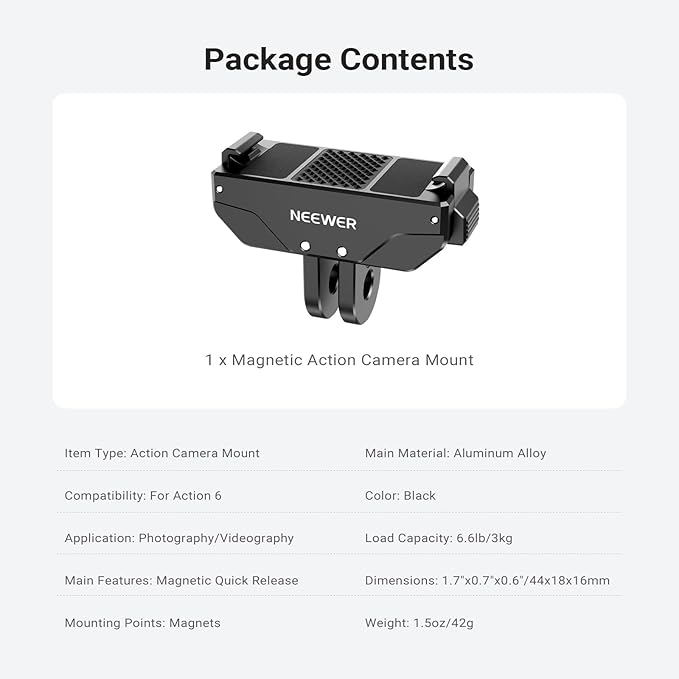 NEEWER Magnetic Quick Release Mount Compatible with DJI Osmo Action 6 Only, with Universal Action Camera Adapter & 1/4" Thread for Accessories, AC071 (Black)