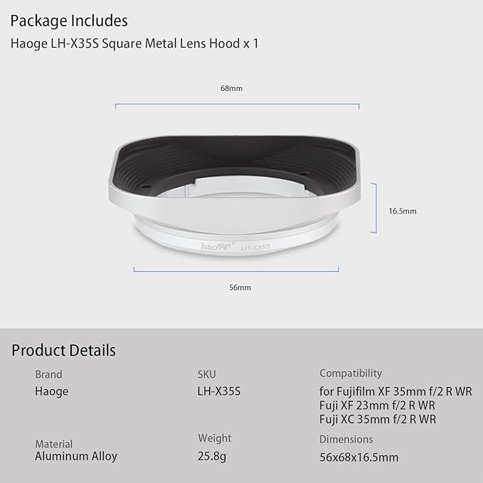 Haoge LH-X35S Bayonet Square Metal Lens Hood for Fujifilm Fuji Fujinon XF 35mm F2 R WR XF35mmF2, XF 23mm f2 R WR XF23mmF2 and XC 35mm F2 XC35mmF2 Lens Replace LH-XF35-2 Silver