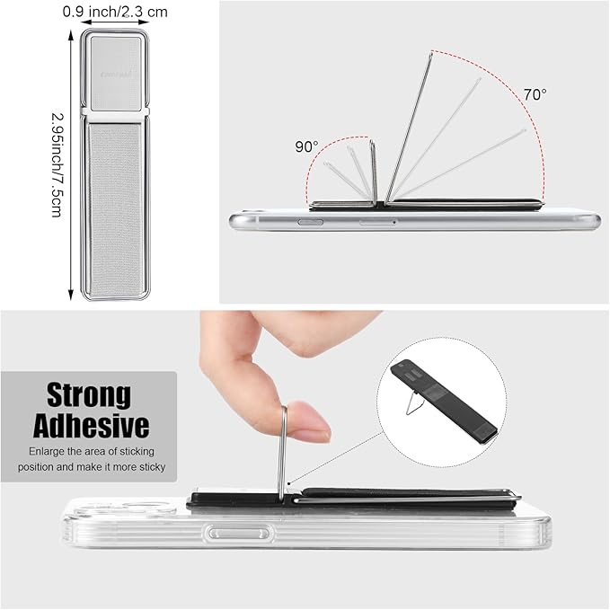 4 Pieces Phone Grip Strap Telescopic Phone Kickstand Elastic Finger Holer Hand Strap Adhesive Loop for Phone Grip with Stand Compatible with Most Smartphones (Black, Silver)