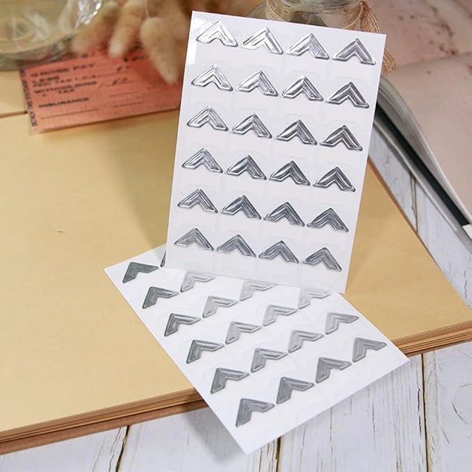 GOONAVI 15 Sheets 360 Pcs Acid-Free Photo Corners, Self-Adhesive Mounting for Wedding Scrapbook Supplies, DIY Photo Album, Journal, Guest Book, Memory Book (Sliver)