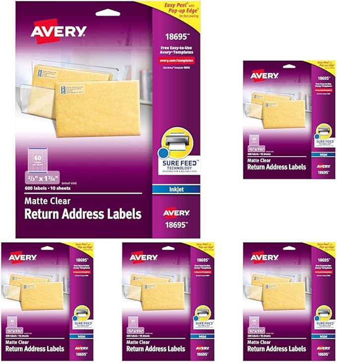 Avery Printable Return Address Labels with Sure Feed, 2/3" x 1-3/4", Matte Clear, 600 Blank Mailing Labels (18695) (Pack of 5)