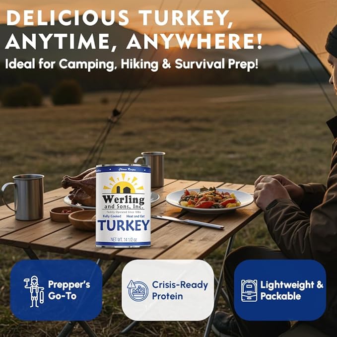Werling & Sons Fully Cooked Canned Turkey Meat 14.5 Oz Heat & Eat Premium Quality Recipe Ready Canned Meat for Everyday Quick Meals, Camping, Emergency Canned Food & Survival Preparedness Pack of 6