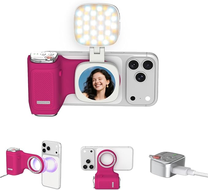 COMITOK iPhone Camera Grip MOCA with Magnet Fill Light & Mirror for 17 Pro iOS26 Native Camera, Fun Shot Magnetic Grip for Phone Compatible iOS17 and iOS18 with Anti-Drop Detachable Remote & Keychain