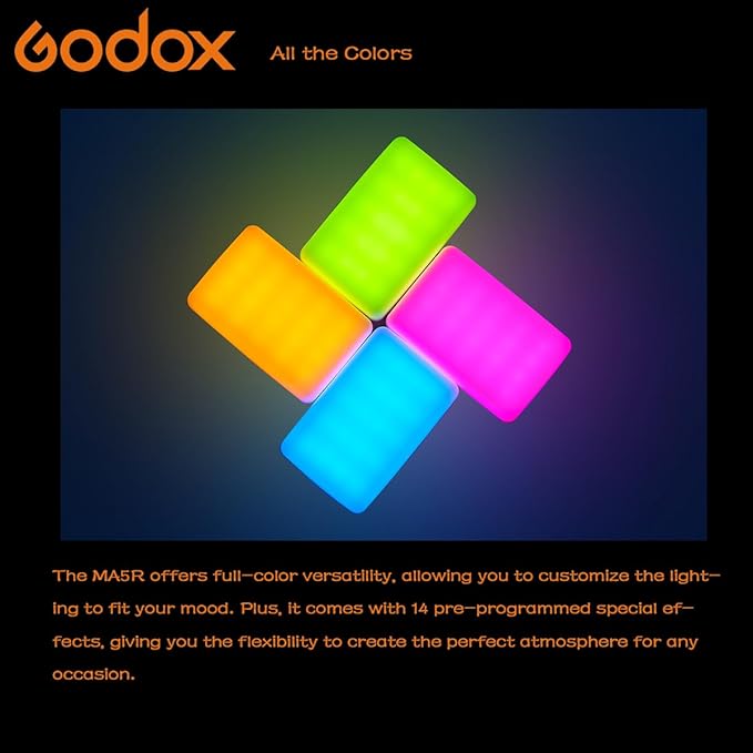 Godox MA5R Full-Color LED Light, Magnetic Selfie Light, CRI95 TLCI97, CCT 1800K–10000K, 14 FX Modes, HSI & GM Adjustment, NFC/Bluetooth Control, 0–100% Dimming, for YouTube/TikTok