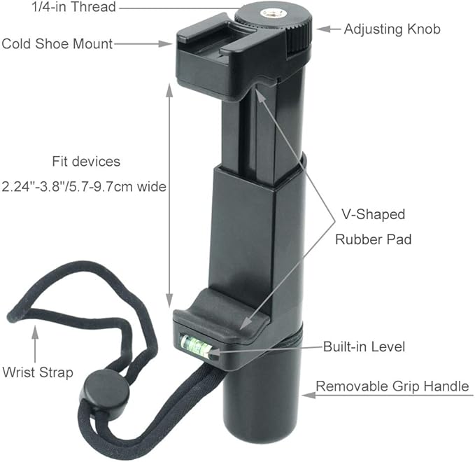 PhotoTrust F-Mount Pro Smartphone Video Grip Handle Rig Filmmaker Grip+Wrist Strap, Tripod Mount Adapter/Cold Shoe Mount Compatible with iPhone Samsung HTC LG Google Android Photographers