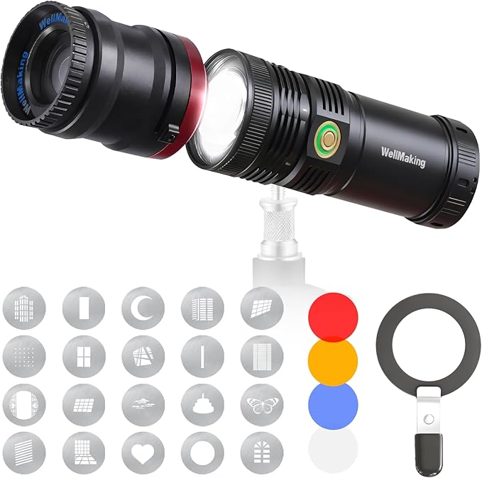 WELLMAKING 10W Four-color Projection Photography Flashlight, Professional Imaging Lens,Stepless Zoom, Zoomable Beam,7800mAh, with 20 gobos for Photo,Content Creation Video Recording Accessorie,YouTube