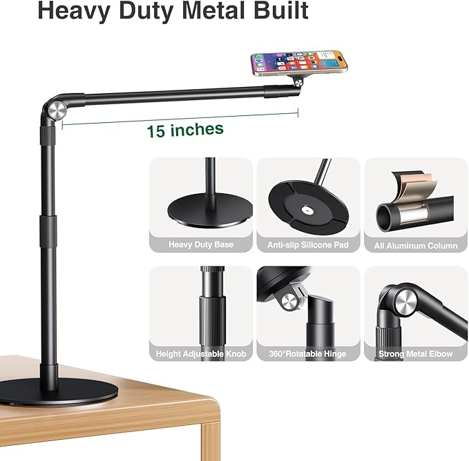 elitehood Magnetic Phone Stand for Overhead Recording, 15 in Long Arm Magsafe iPhone Holder for Video Recording, 360 Swivel Tilt Overhead Phone Mount for Filming, Meeting, Cooking, Painting, Crafting