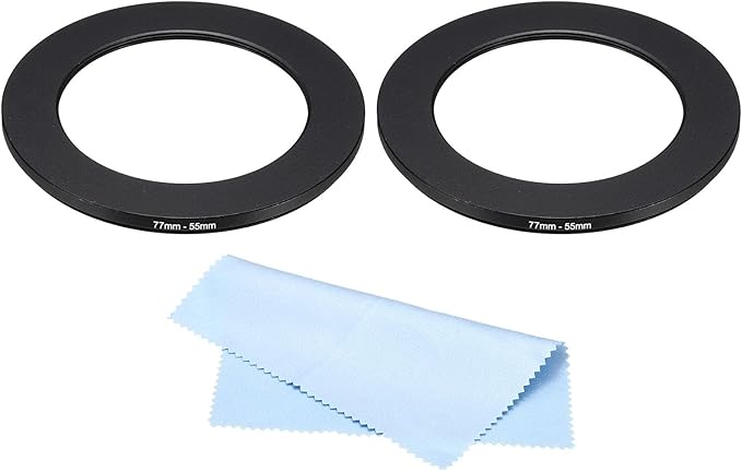 PATIKIL 77mm-55mm Metal Step Down Ring with Cleaning Cloth, 2 Pack Camera Lens Filter Adapter Ring Aluminum Filter Adapter Ring for Camera Lenses Hood, Black