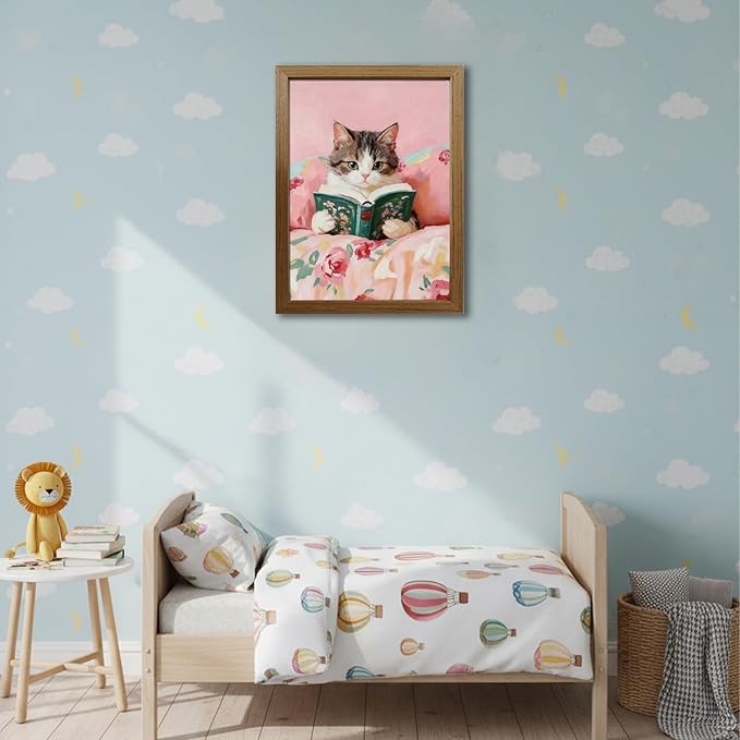 Cat Reading Framed Canvas Wall Art, Cute Cat Poster Paintings Print Picture, Single Panel Wood Frame Artwork Posters Prints for Bedroom Living Room Home Décor Wall Decoration, 16x12in / 24x16in
