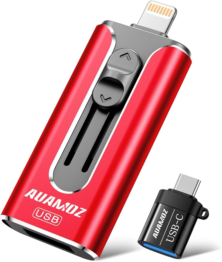 AUAMOZ 256GB Flash Drive Intended for iPhone, Memory Stick Storage Files Photos Videos Backup, Compatible with iPhone iPad Android PC, Plug and Play, No Application Required (Red)