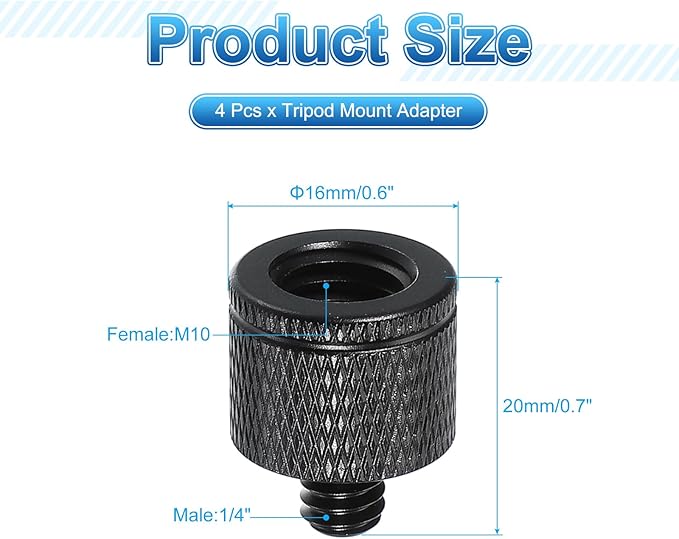 PATIKIL Tripod Screw Adapter M10 Female to 1/4" Male, 4 Pcs Tripod Nut Connectors Camera Mount Screw Camera Double Head Converter for Microphone Holder Magic Arms Accessories, 20 mm