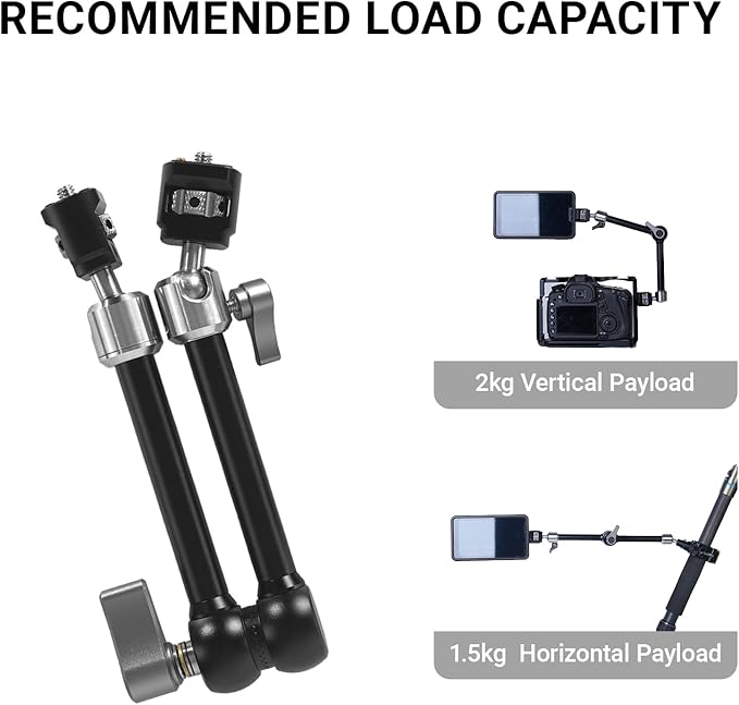 Heavy-Duty Articulating Magic Arm Mount with Super Clamp, 360° Dual Ball Head & 1/4" ARRI Locating Pin&Holes, Camera Monitor Mount for Action Camera Video LED Light (11" Magic Arm)