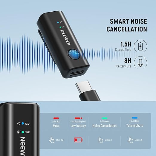 NEEWER KM23Max Wireless Lavalier Microphone 48KHz/24Bit 328ft Range 8H Battery Noise Cancelling Omnidirectional Mini USB C Mic Compatible with DJI Insta360 iPhone Android Phone PC (1x RX + 2X TX)