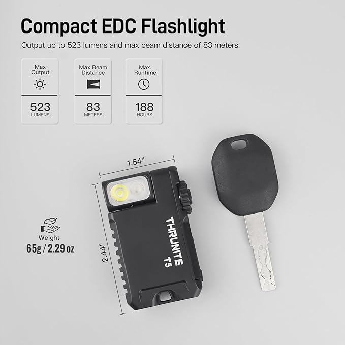 ThruNite T5 Rechargeable EDC Flashlight, RGB & 523 Lumens Cold White LED Flat Mini Flashlight, Waterproof Magnetic Portable Pocket Flashlight, Multi-Mode Keychain Flashlight for Camping, Emergency