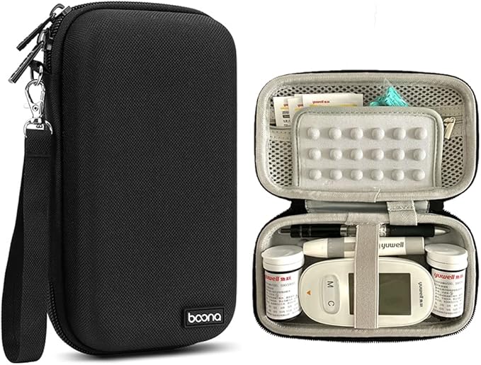 Diabetic Supplies Bag Blood Sugar Test Kit Case Organizer For Blood Glucose Monitor / Meter, Diabetes Test Strips, Lancets, Lancing Device, Insulin Pen, Syringes, Pills, Alcohol Wipe (B-Black, Large)