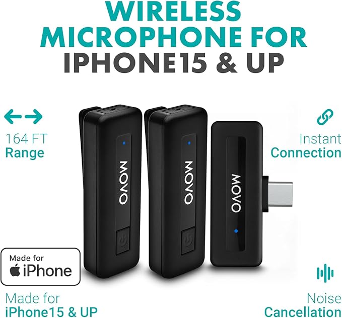 Movo Mini USB-C Duo Wireless Microphone for iPhone 15/16/17 and up - Ultracompact Microphone for iPhone 15/16/17 with Clip on Wireless Lavalier Mic