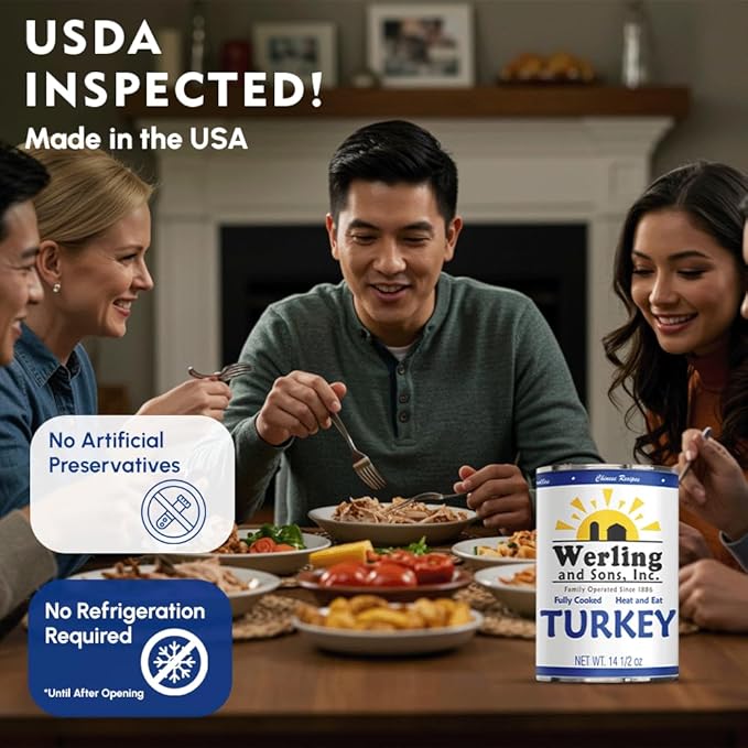 Werling & Sons Fully Cooked Canned Turkey Meat 14.5 Oz Heat & Eat Premium Quality Recipe Ready Canned Meat for Everyday Quick Meals, Camping, Emergency Canned Food & Survival Preparedness Pack of 6