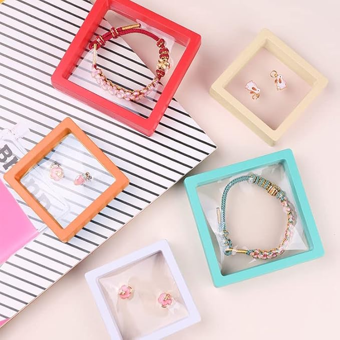 12PCS 3D Floating Frame Display Stand, Jewelry Box, Gift Box, Ornament Organizer, Small Travel Jewelry Box, PE Film Anti-Oxidation, Suspended Display Box Stackable (2.75*2.75，Type 5)