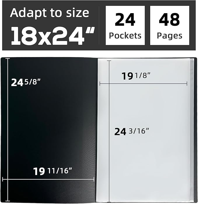 JJRING 18x24 Art Portfolio Folder with Plastic Sleeves, 24-Pocket Portfolio Binder Displaying 48 Pages, Presentation Book with Black Inner Paper for Artwork Storage, Black