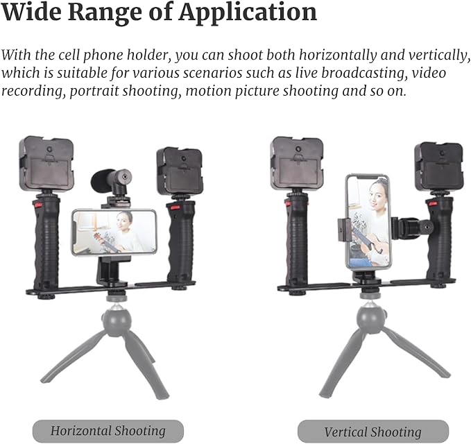 Smartphone Video Rig with Handle, 1/4in Screw, Cold Shoe Interface, Phone Video Stabilizer Grip for Live Streaming, Vlogging Cage